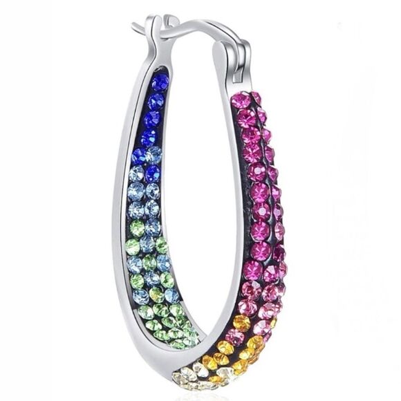 14K White Gold with Multicolored Crystal U Shape French Lock Hoop Drop Earrings - Picture 2 of 5